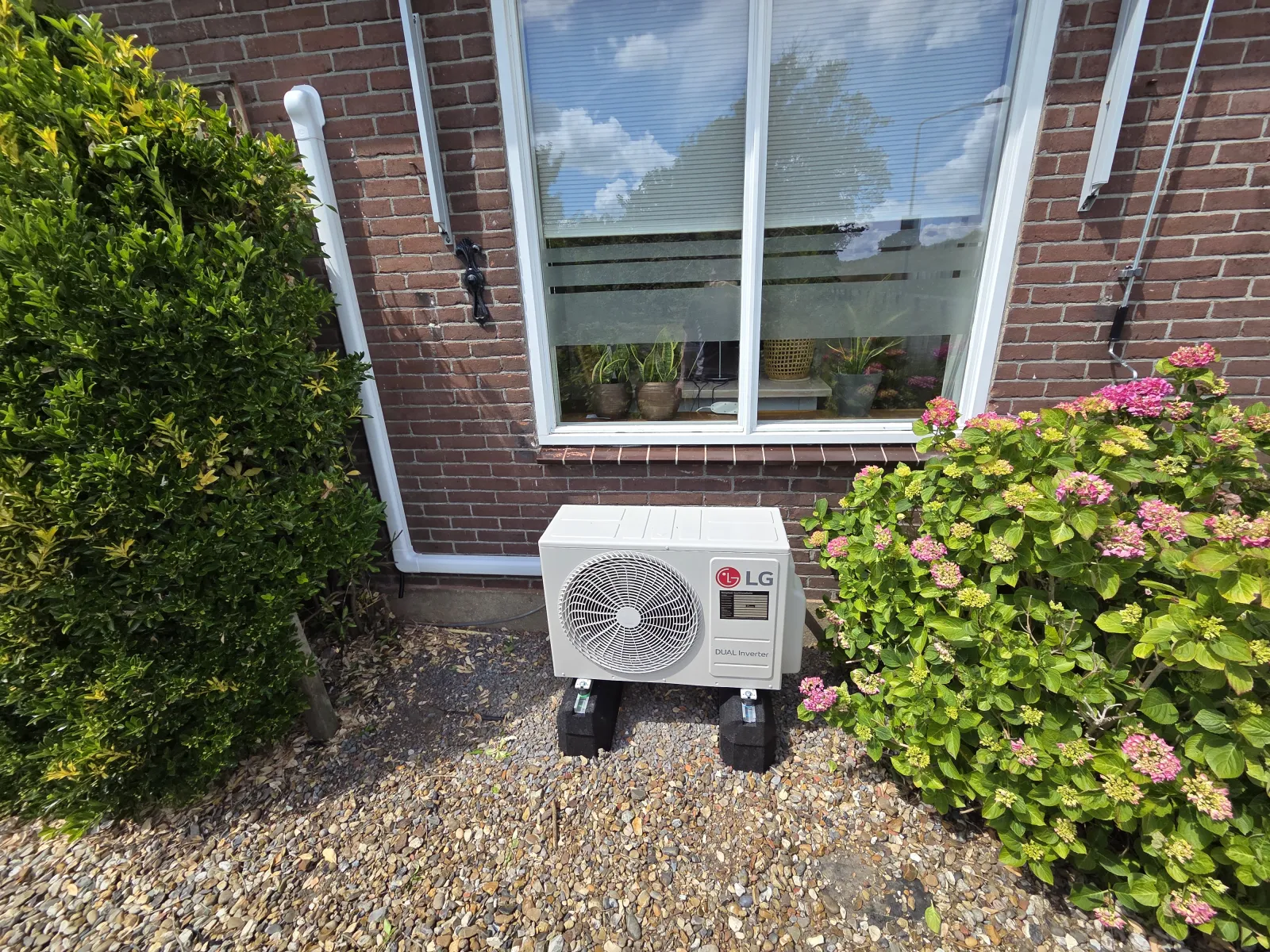 Foto - LG airco-buitenunit bij de hortensia
