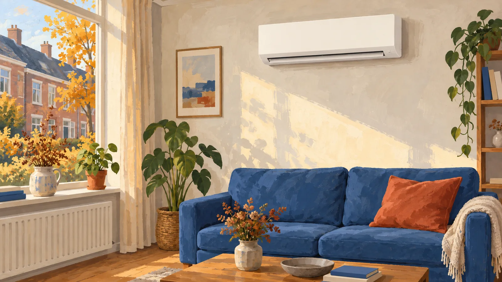 Woonkamer in de herfst met een witte airco-binnenunit hoog aan de wand en bladeren buiten.