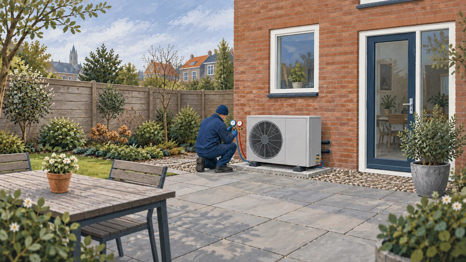 Installateur met handschoenen bij een buitenunit van een warmtepomp in een achtertuin, met manometers aan slangen.