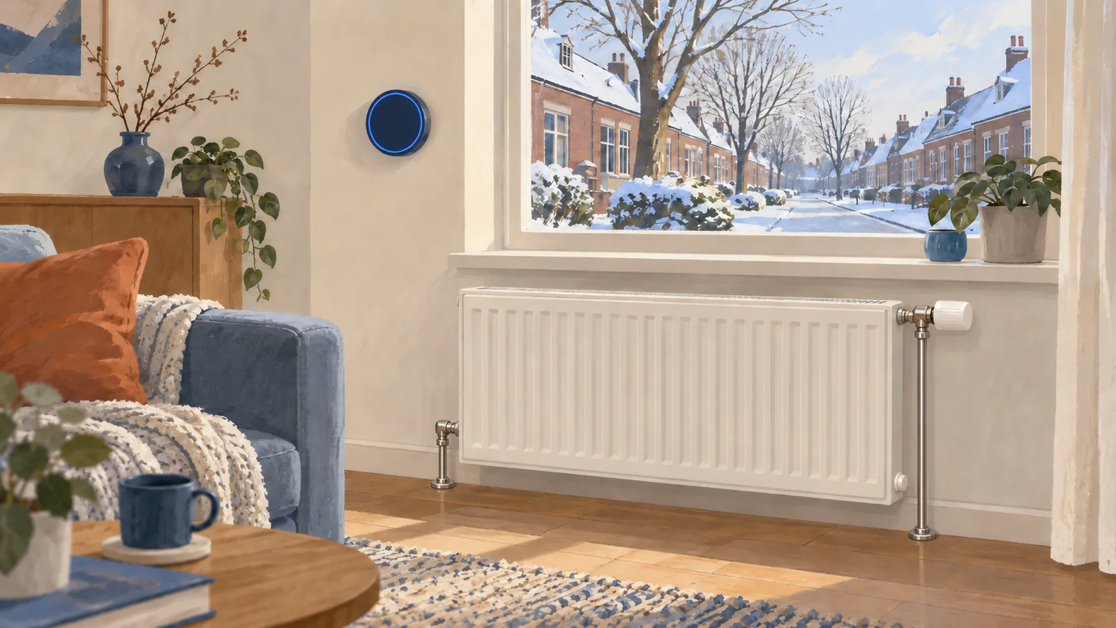 Thermostaat met een gloeiende ring aan de wand naast een radiator, buiten een winterse straat.