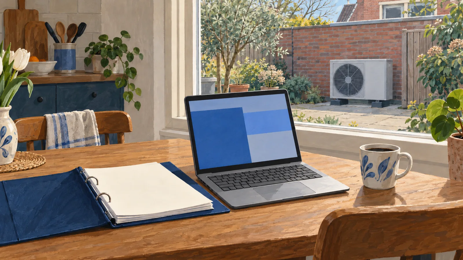 Keukentafel met een laptop en een map papieren, buiten het raam de buitenunit van een warmtepomp.