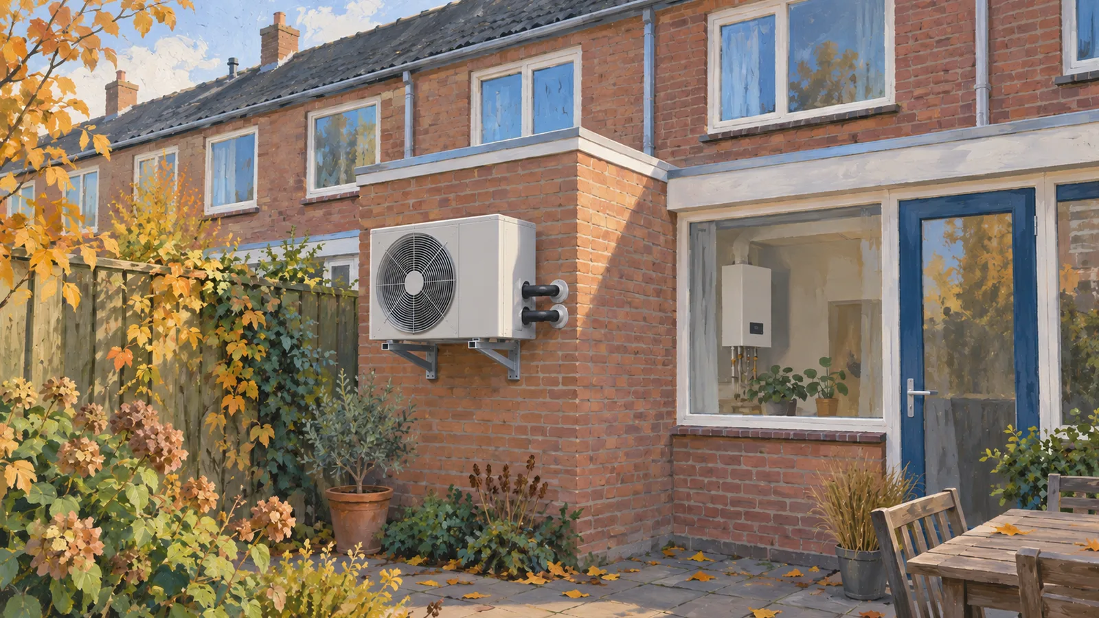 Tussenwoning met aan de zijgevel de buitenunit van een warmtepomp op een herfstochtend.