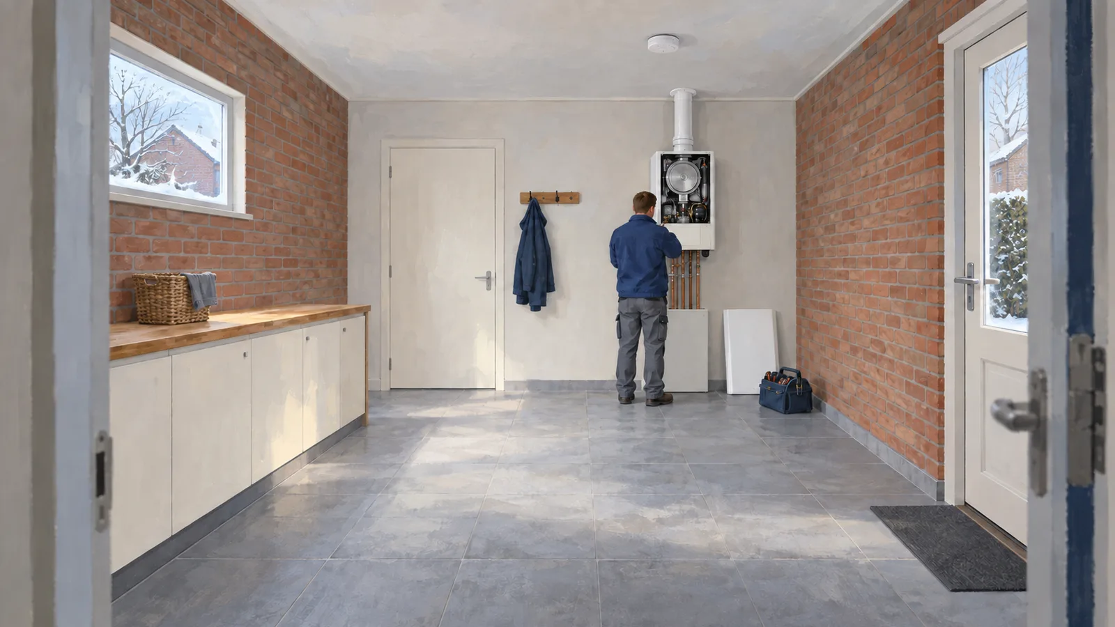 Cv-ketel met open voorpaneel in een bijkeuken, een installateur van achteren en een CO-melder aan het plafond.