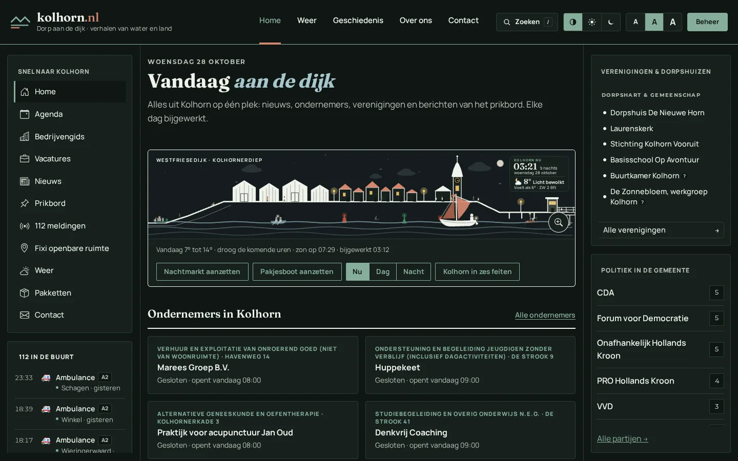 De voorpagina van Kolhorn.nl op de computer.