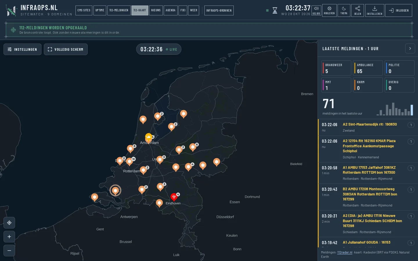 De 112-kaart van InfraOps met de meldingen van het laatste uur op een kaart van Nederland.