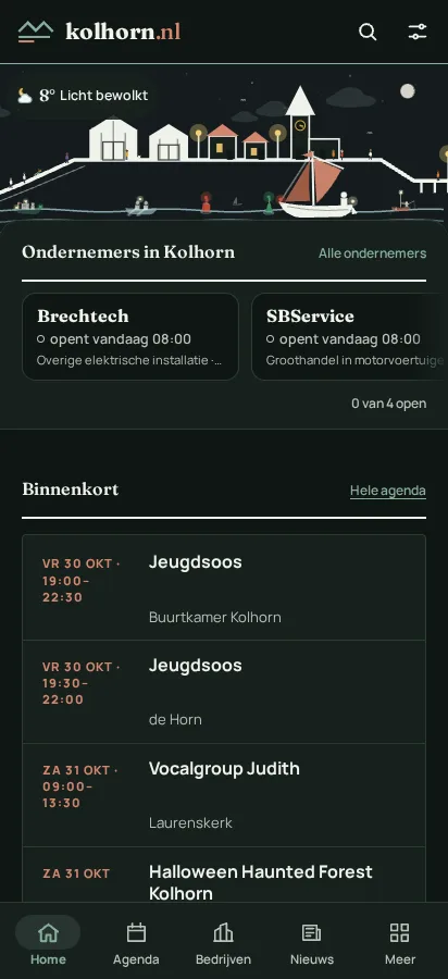 De voorpagina van Kolhorn.nl op een telefoon.