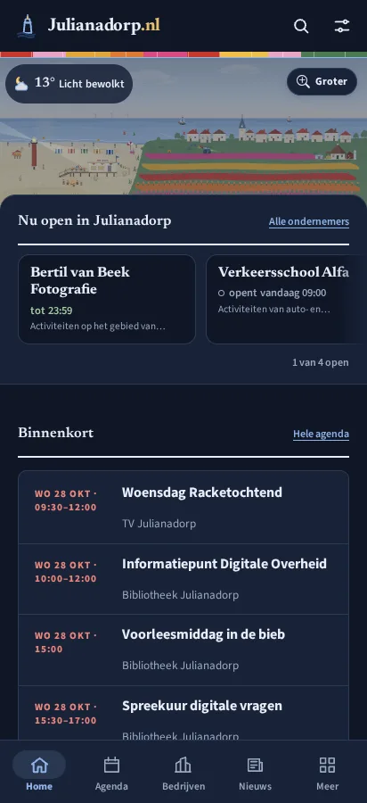 De voorpagina van Julianadorp.nl op een telefoon.
