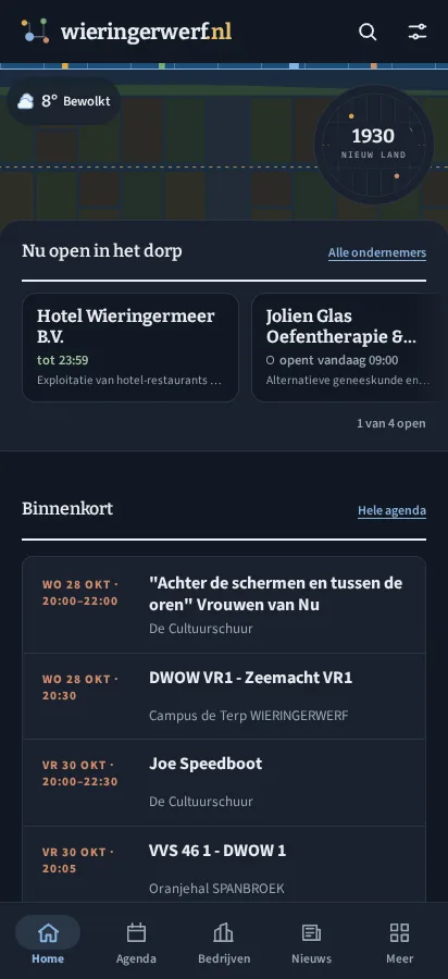 De voorpagina van Wieringerwerf.nl op een telefoon, met het weer linksboven.