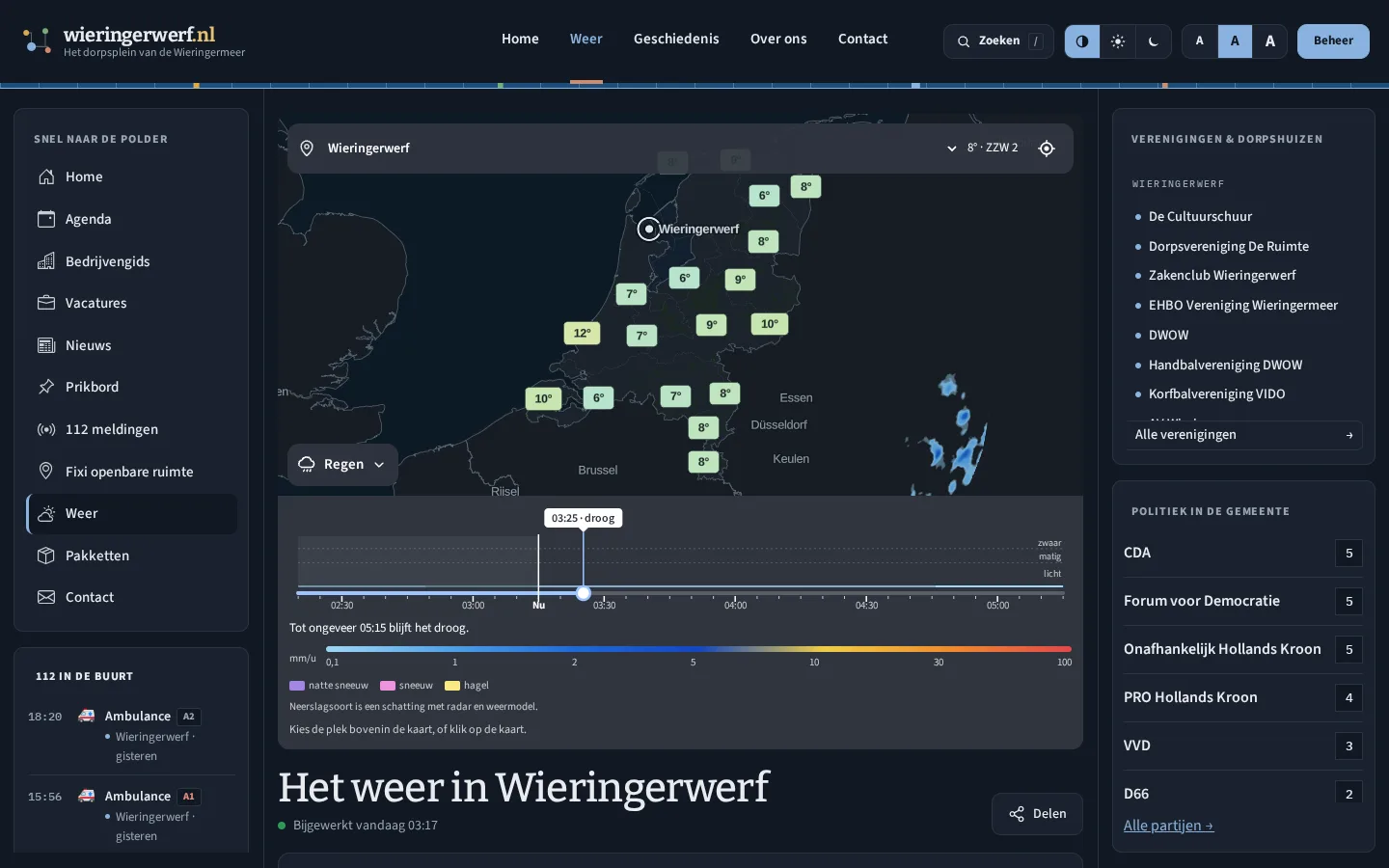 De weerpagina van Wieringerwerf.nl met de buienradar en de temperaturen per meetstation.